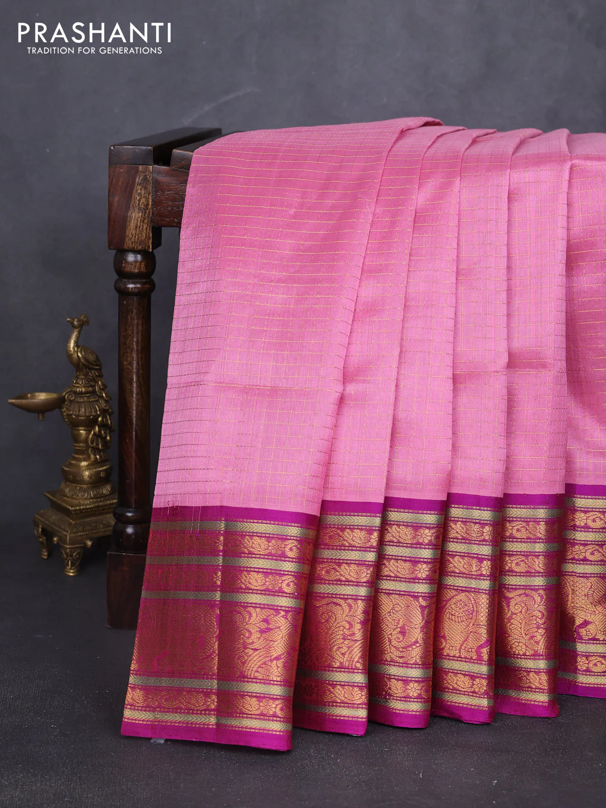 Kuppadam silk cotton saree mauve pink and purple with allover small zari checked pattern and long zari woven border