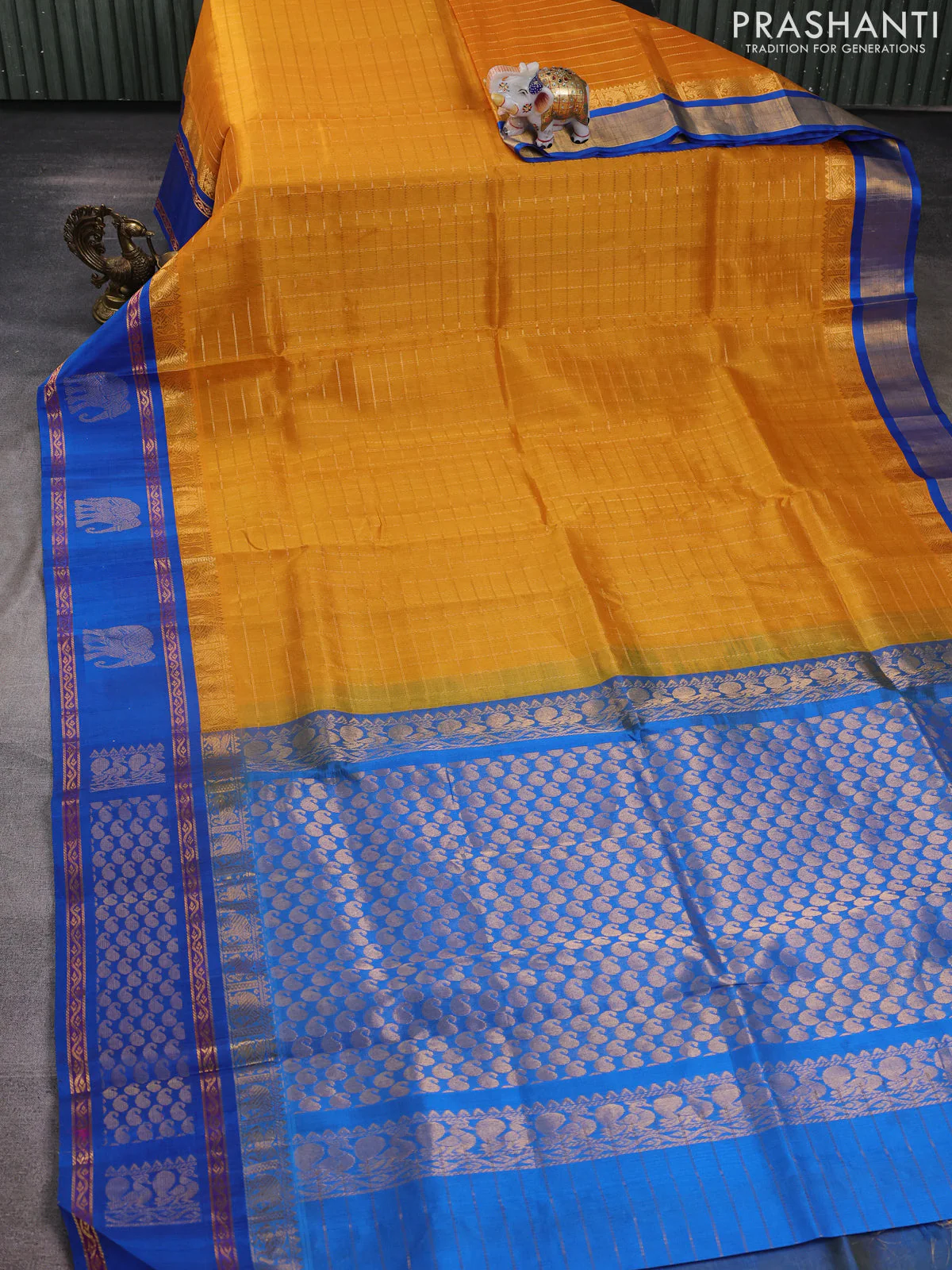 Kuppadam silk cotton saree mustard yellow and cs blue with allover zari checked pattern and rettapet zari woven butta border - Image 2