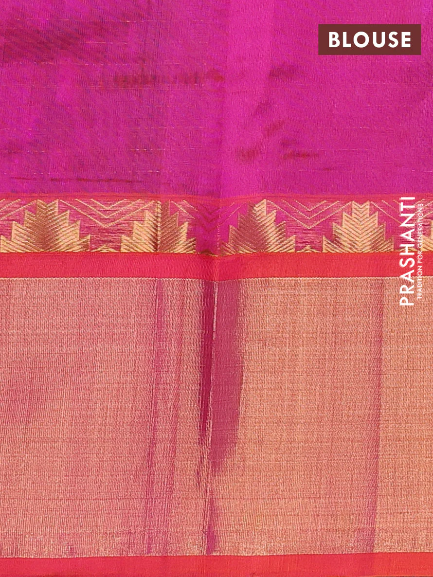 Kuppadam silk cotton saree navy blue and orange with allover zari checks & lakshadeepam weaves and temple design long zari border - Image 3