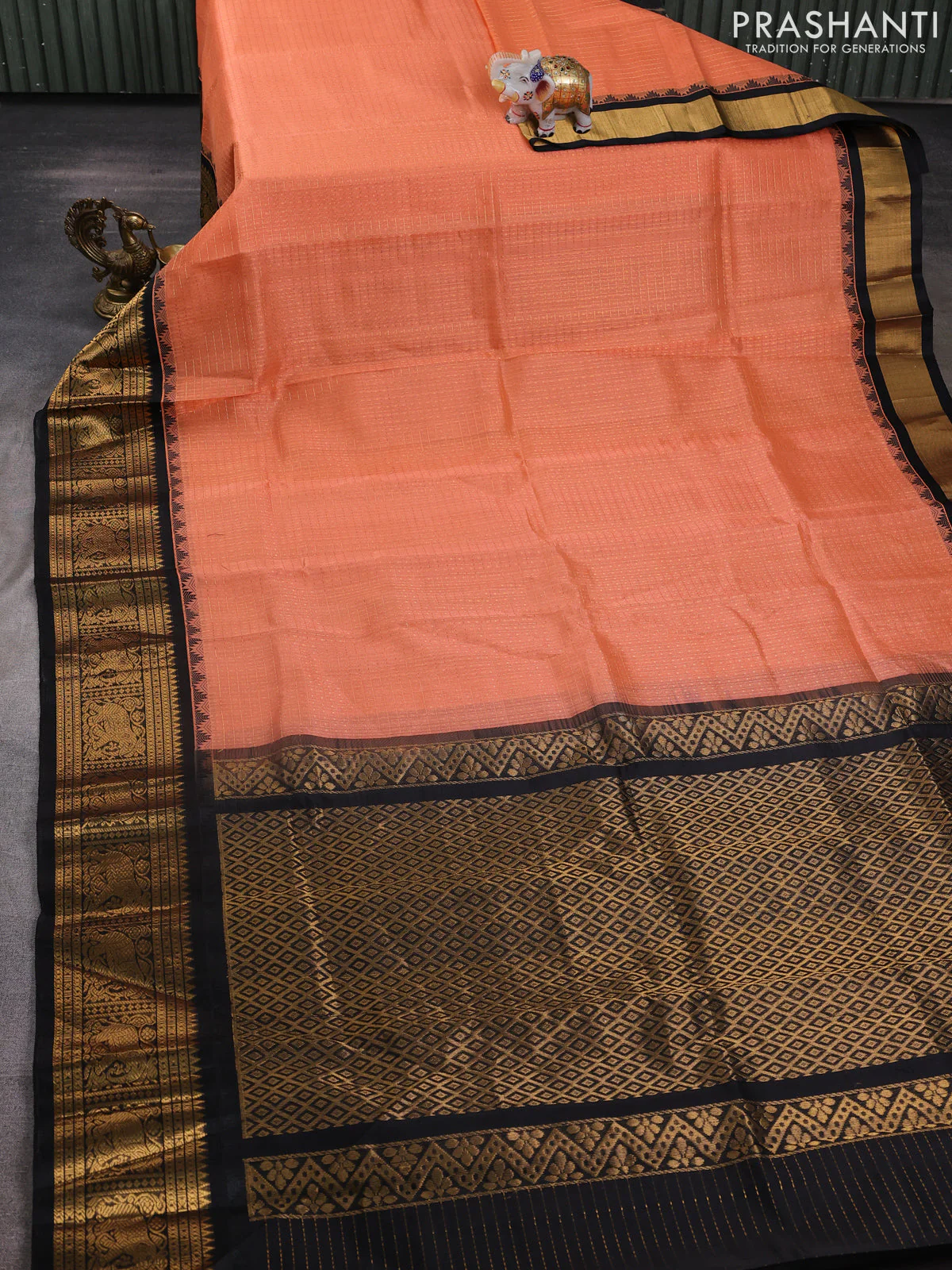 Kuppadam silk cotton saree peach orange and black with allover laksha deepam pattern and temple design elephant zari woven border - Image 2