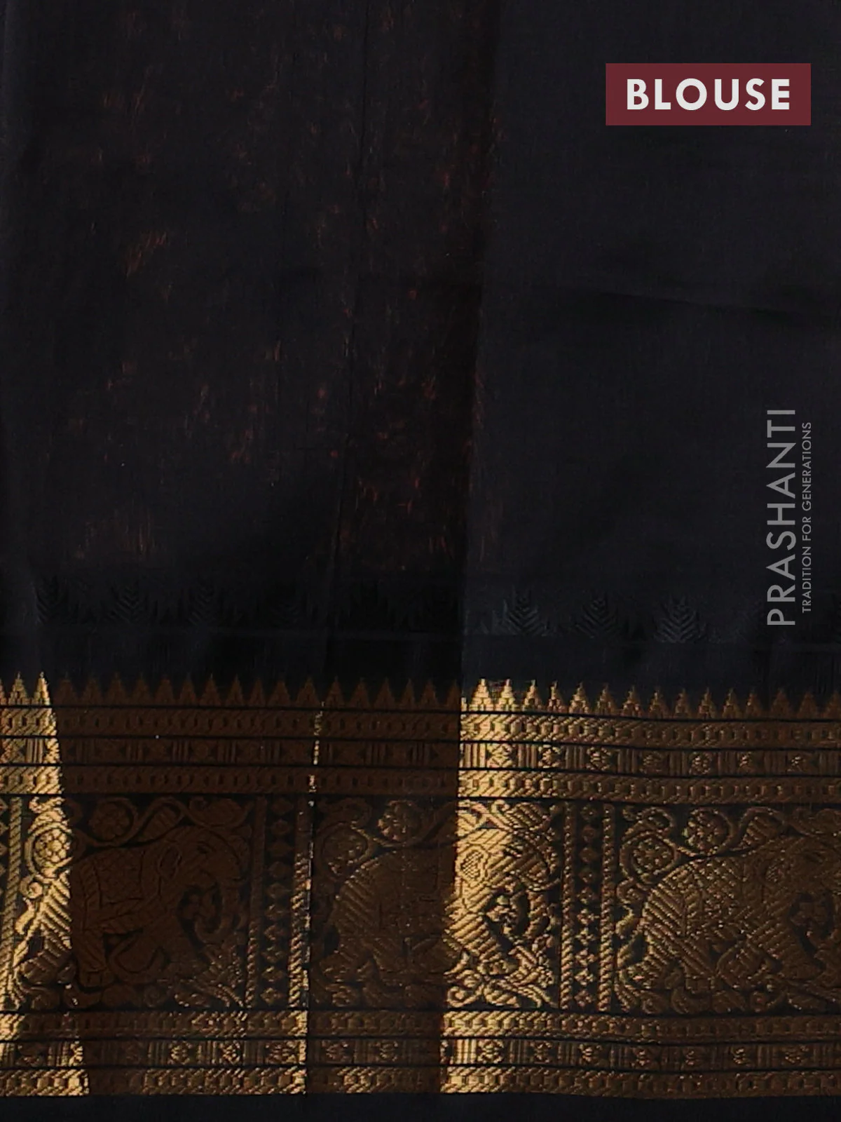 Kuppadam silk cotton saree peach orange and black with allover laksha deepam pattern and temple design elephant zari woven border - Image 3