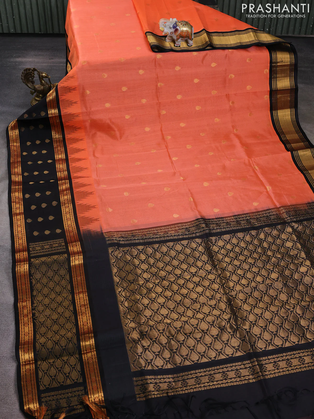 Kuppadam silk cotton saree peach orange and black with allover zari woven buttas and rettapet zari woven butta border - Image 2