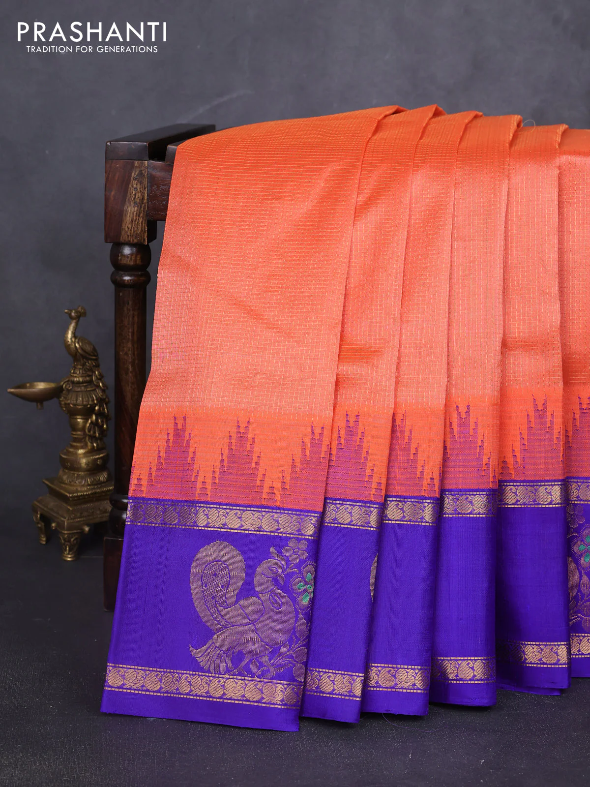Kuppadam silk cotton saree peach orange and violet with allover small zari checked pattern and rettapet zari woven butta border