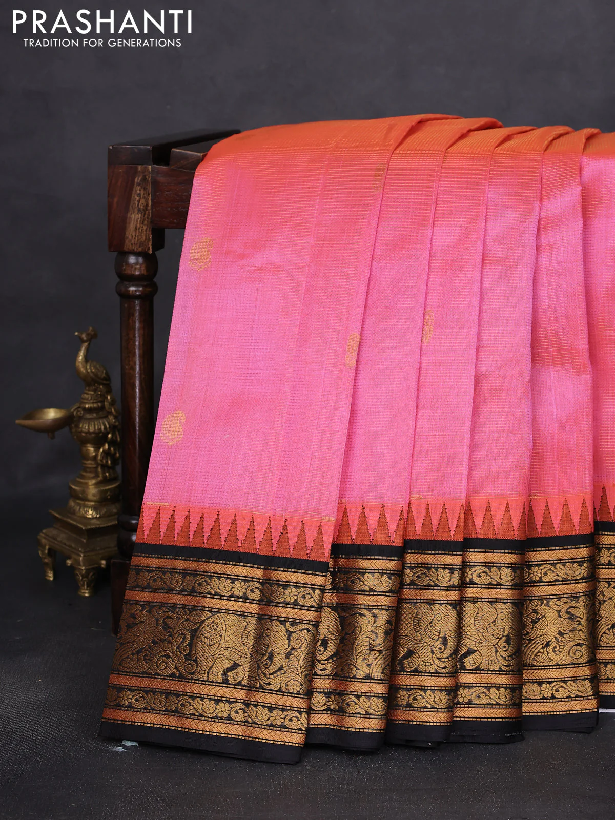 Kuppadam silk cotton saree peach pink and black with allover vairosi pattern & zari buttas and temple design zari woven border