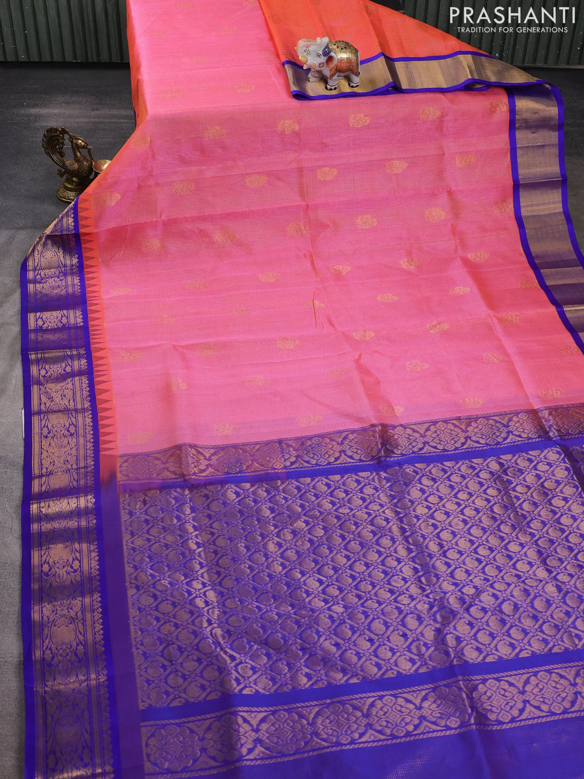 Kuppadam silk cotton saree peach pink and blue with allover vairosi pattern & buttas and temple design zari woven border - Image 2