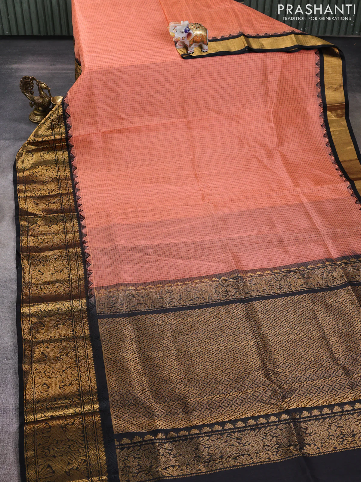 Kuppadam silk cotton saree peach shade and black with allover small thread checked pattern and long zari woven border - Image 2