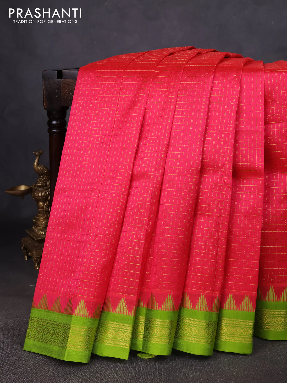 Kuppadam silk cotton saree pink and light green with allover zari checks & lakshadeepam weaves and temple design zari woven border