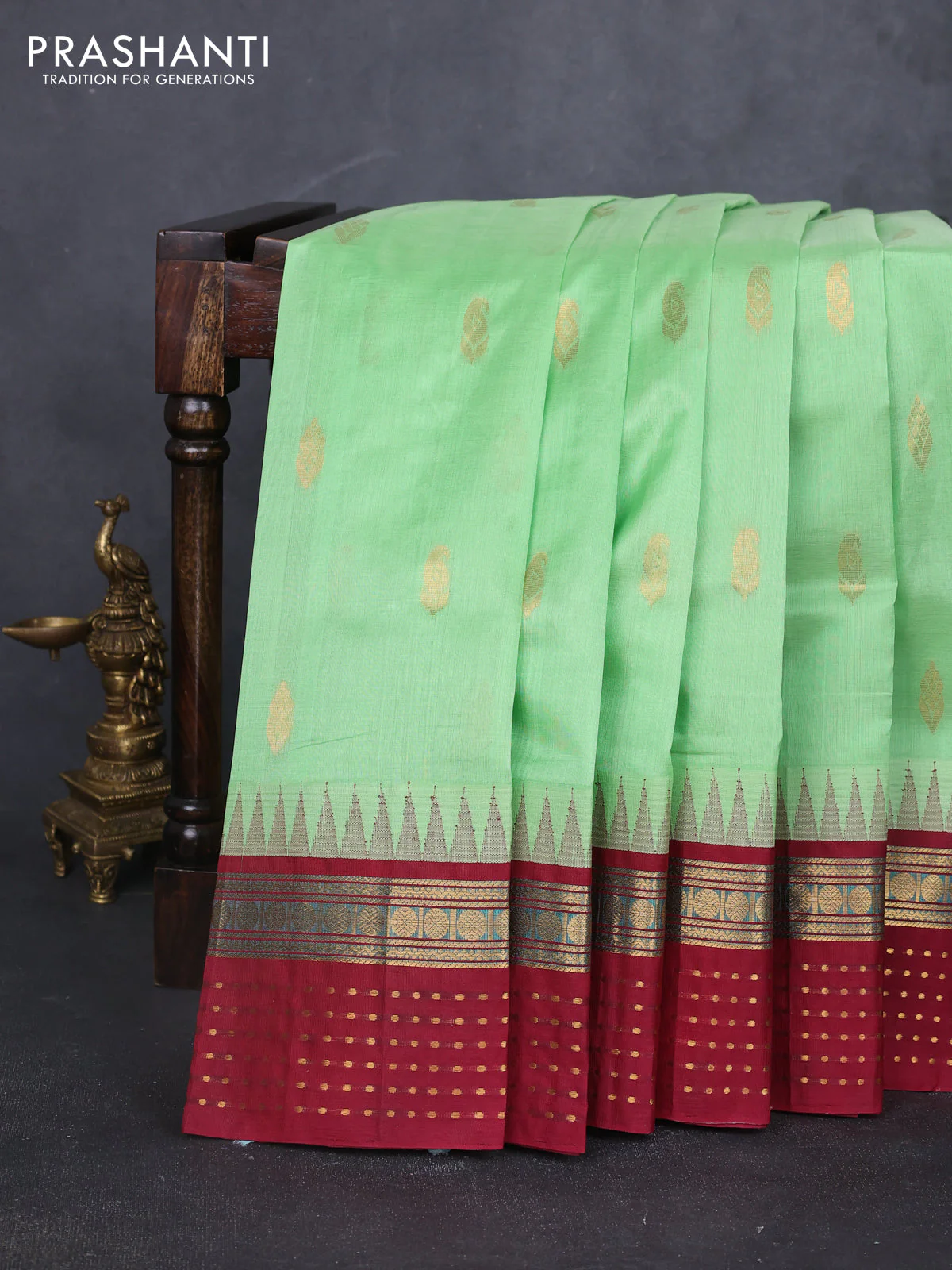 Kuppadam silk cotton saree pista green and deep maroon with allover zari woven buttas and zari woven border