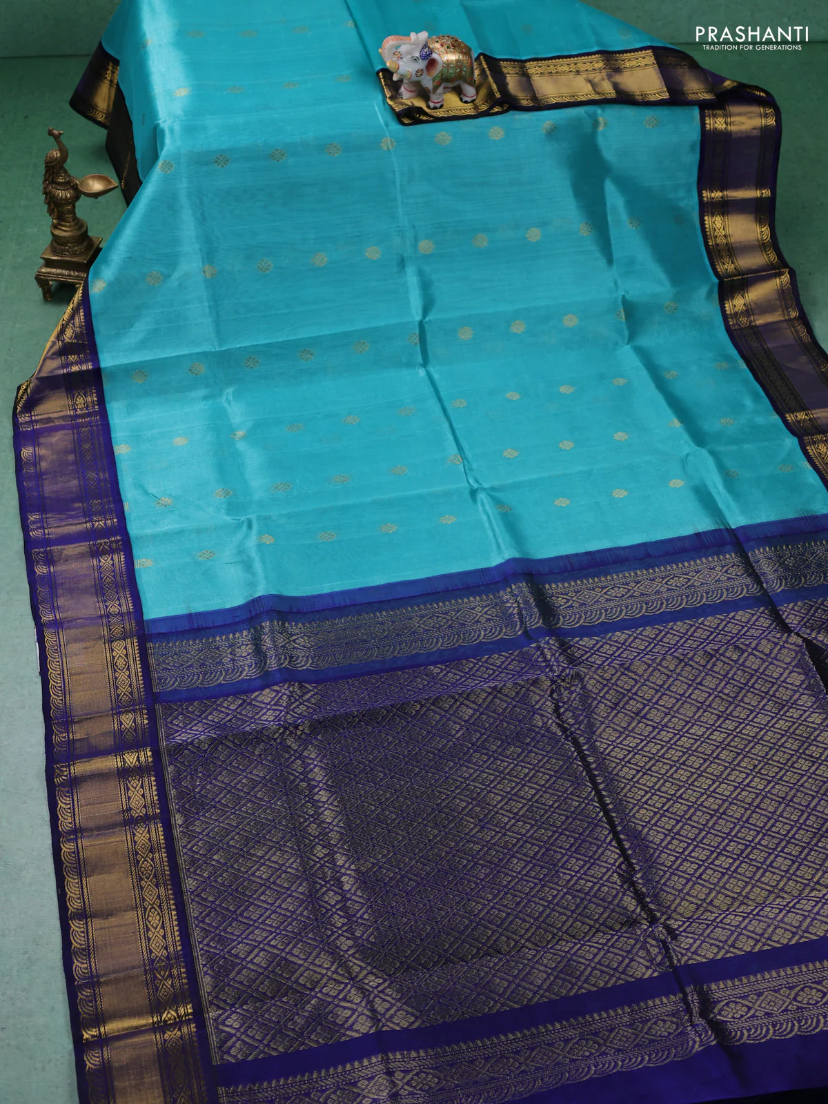 Kuppadam silk cotton saree teal blue and blue with zari woven buttas and zari woven border - Image 2