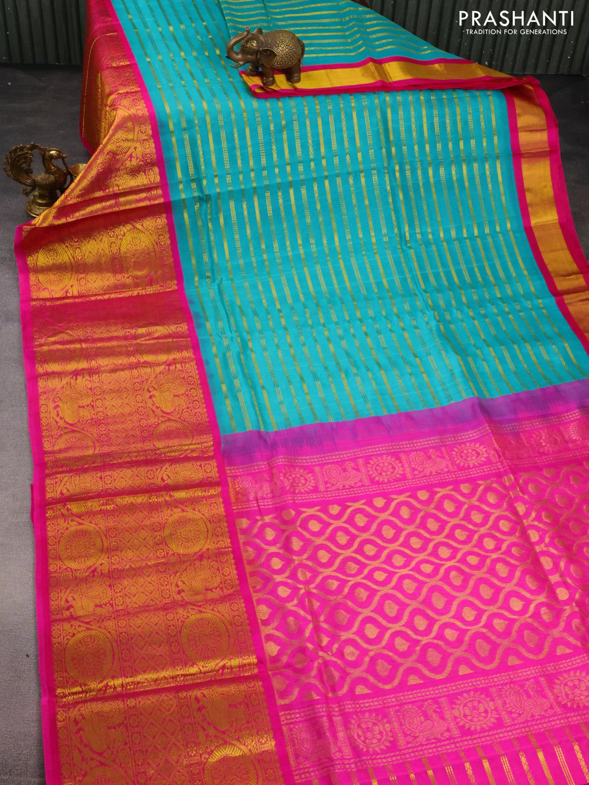 Kuppadam silk cotton saree teal blue and pink with allover zari stripes pattern and long zari woven border - Image 2
