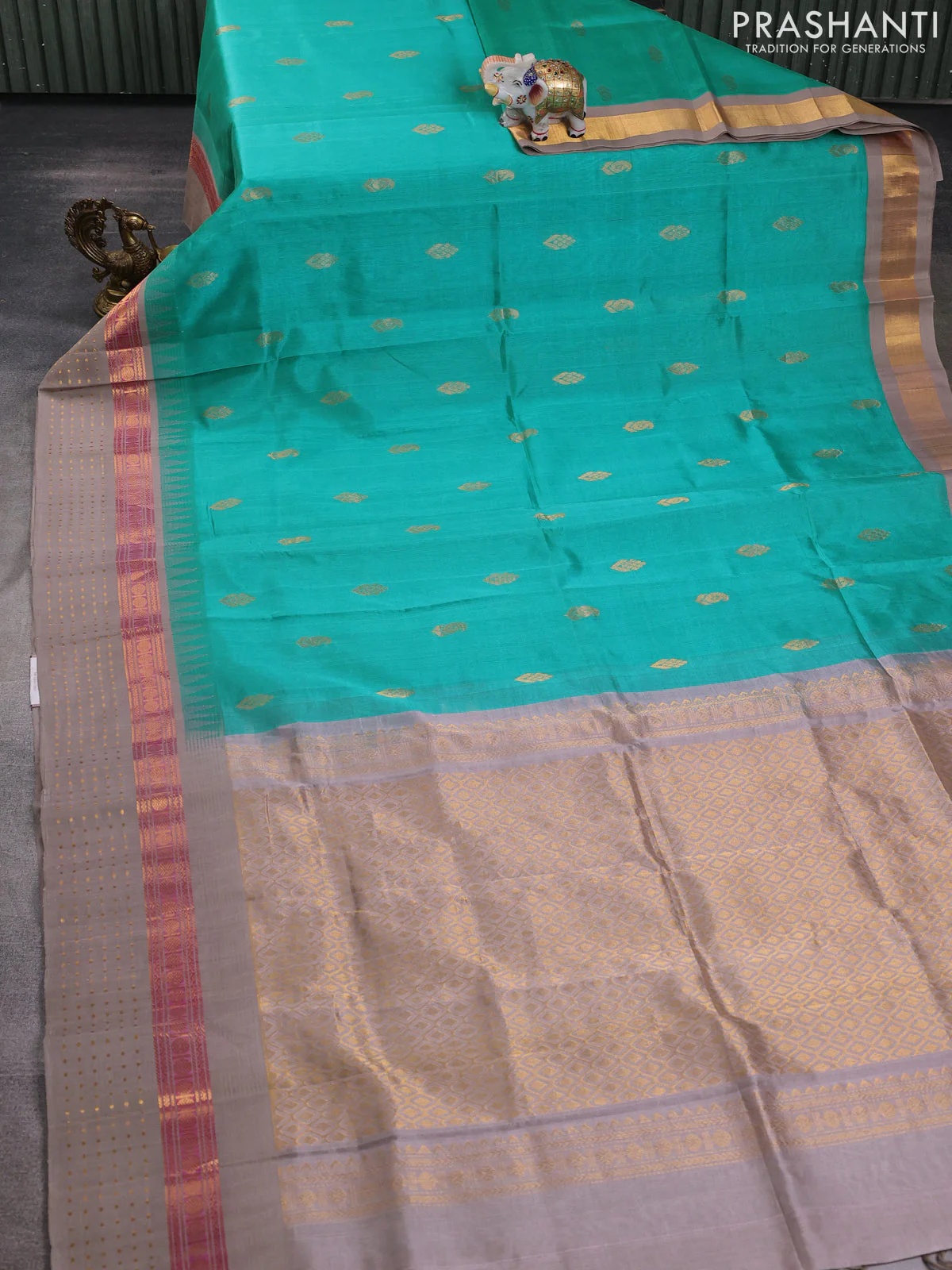Kuppadam silk cotton saree teal green and beige with zari woven buttas and zari woven border - Image 2