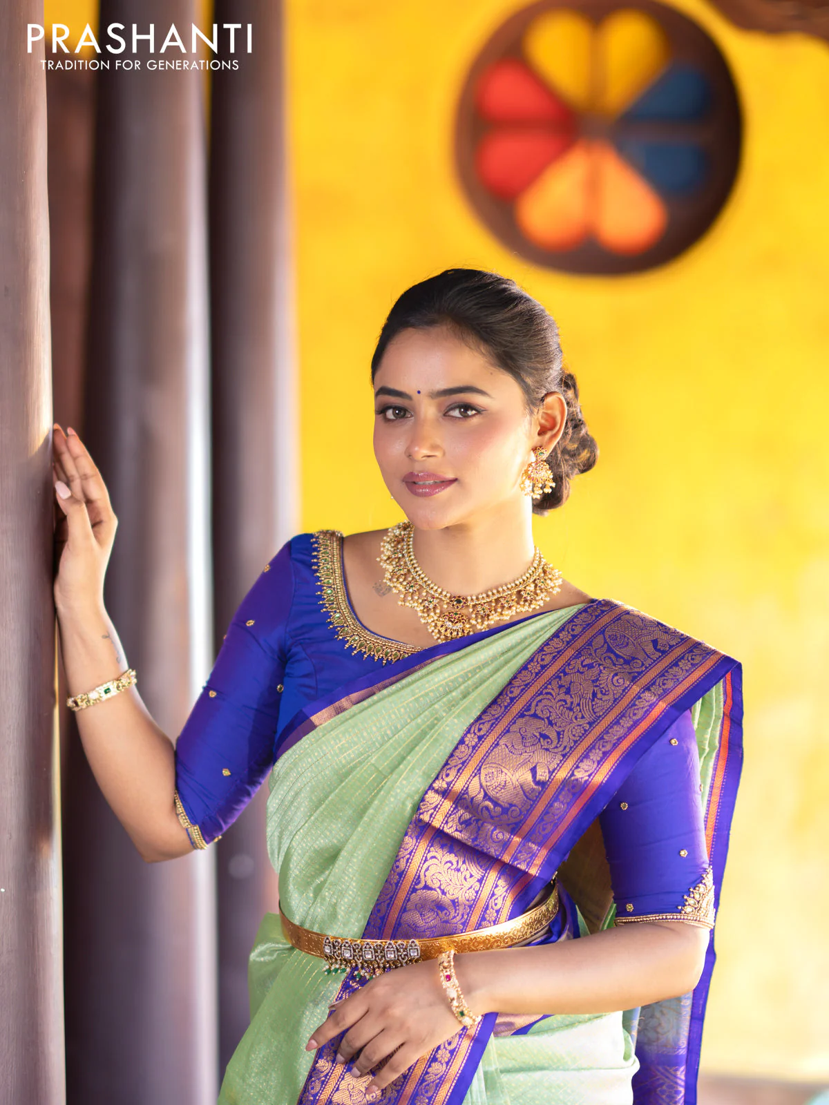 Kuppadam silk cotton saree teal green and blue with allover zari checks & buttas and temple deisgn zari woven border - Image 3