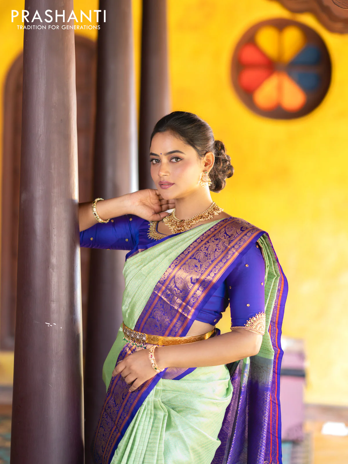 Kuppadam silk cotton saree teal green and blue with allover zari checks & buttas and temple deisgn zari woven border - Image 4