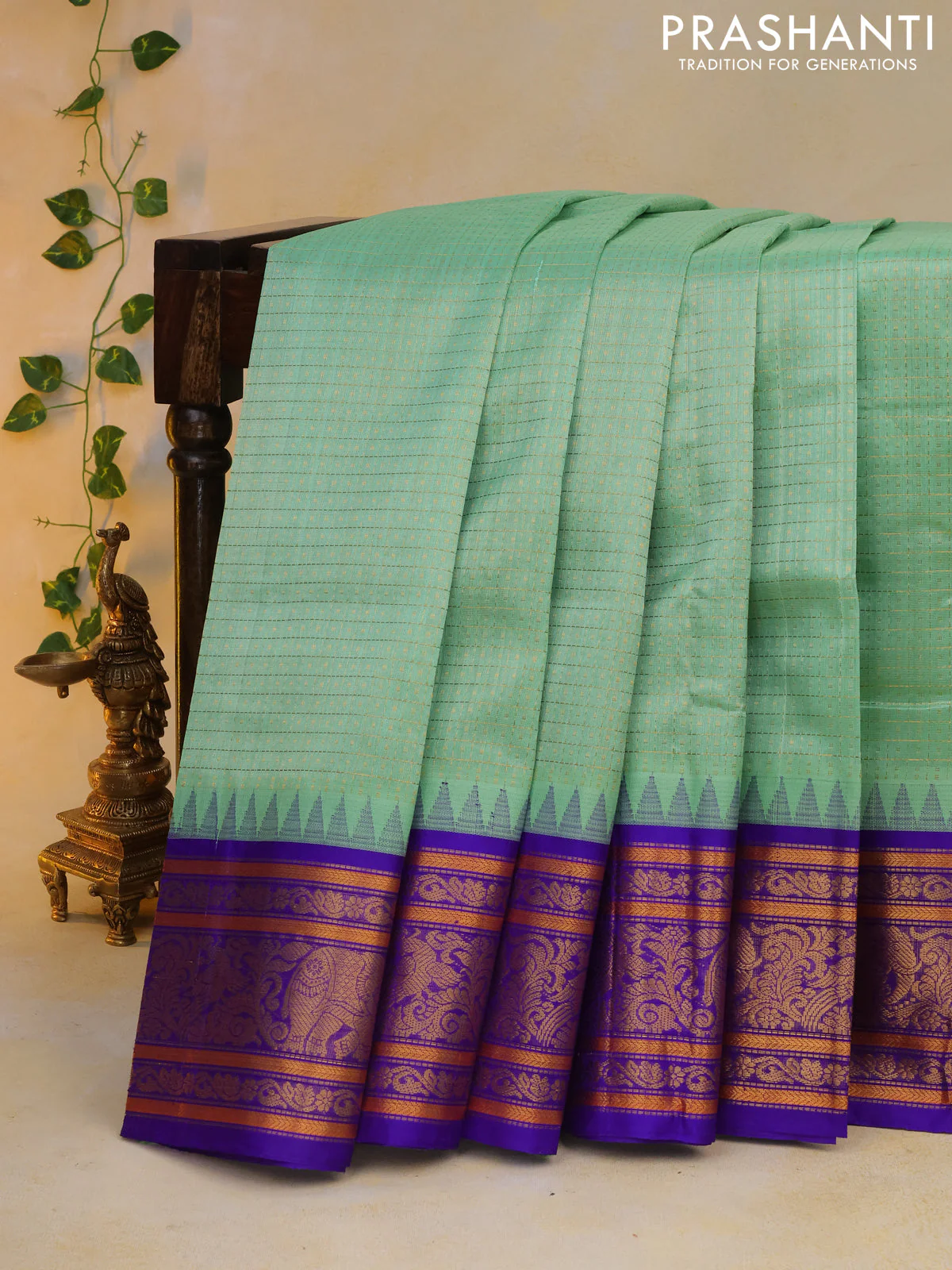 Kuppadam silk cotton saree teal green and blue with allover zari checks & buttas and temple deisgn zari woven border - Image 6