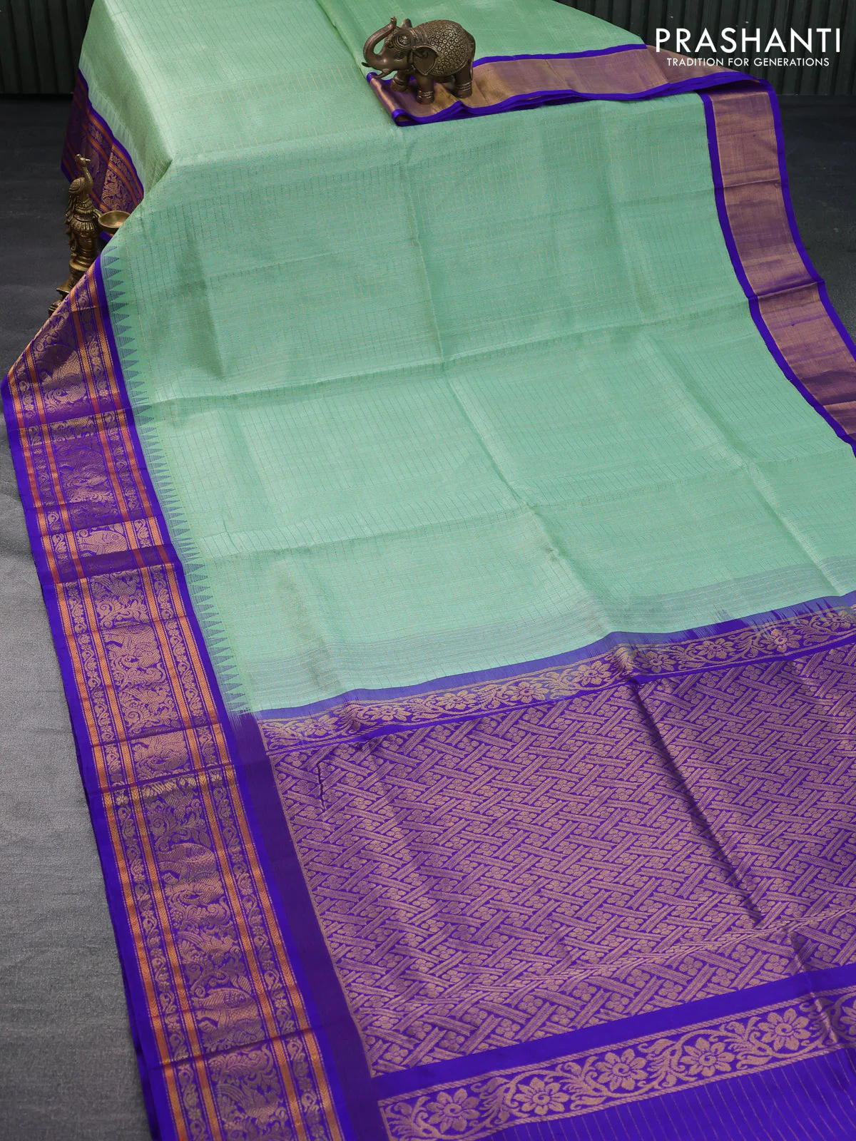 Kuppadam silk cotton saree teal green and blue with allover zari checks & buttas and temple deisgn zari woven border - Image 7