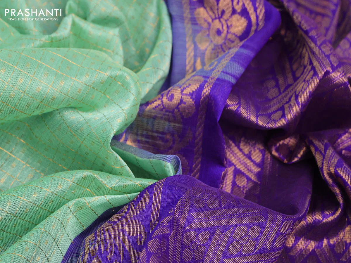 Kuppadam silk cotton saree teal green and blue with allover zari checks & buttas and temple deisgn zari woven border - Image 8