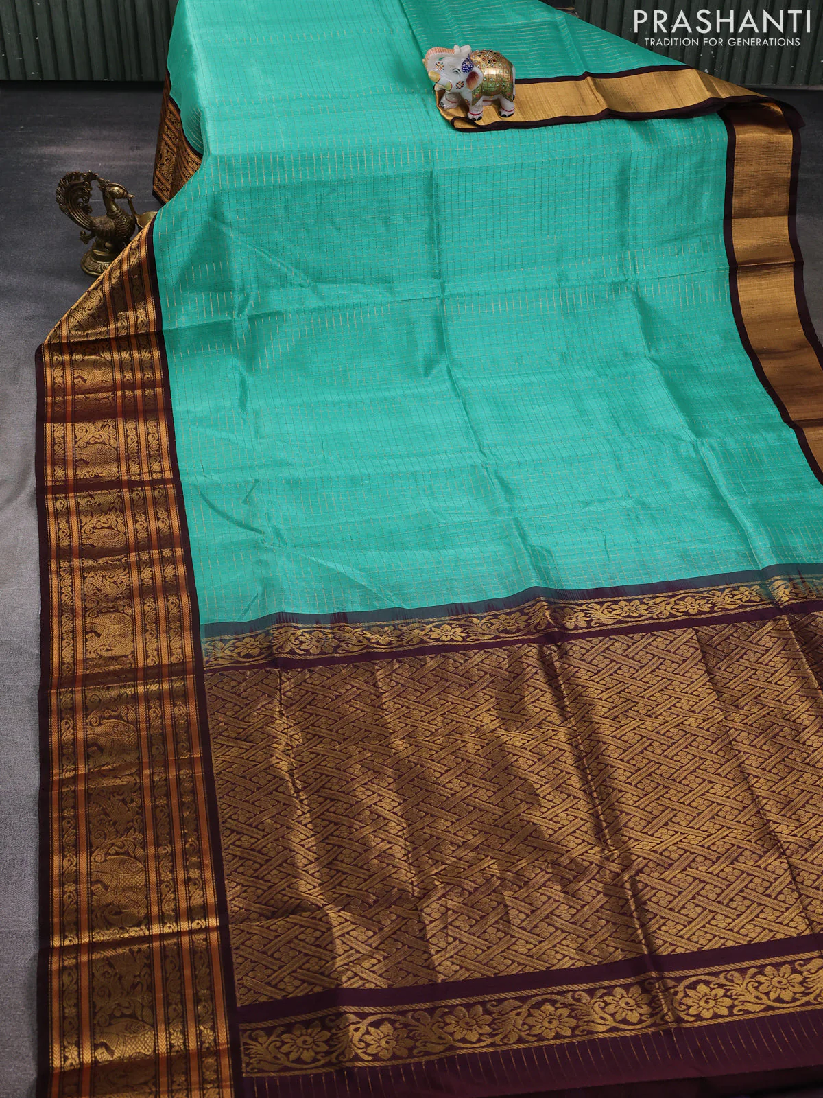 Kuppadam silk cotton saree teal green and coffee brown with allover small zari checked pattern and long zari woven border - Image 2