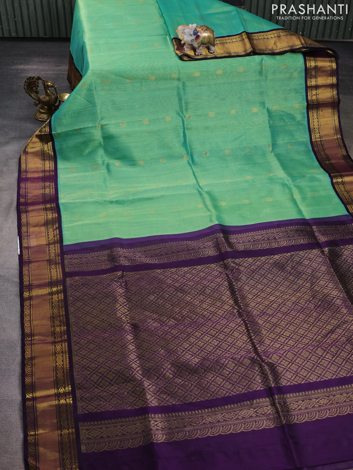 Kuppadam silk cotton saree teal green and purple with plain body and rettapet zari woven border - Image 2