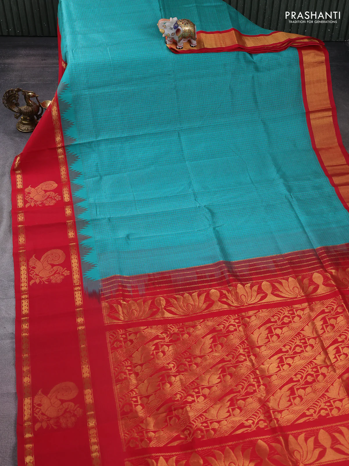 Kuppadam silk cotton saree teal green and red with allover thread woven checked pattern and rettapet zari woven annam butta border - Image 2