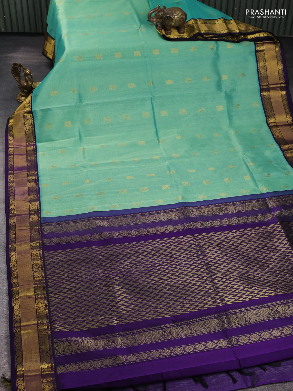 Kuppadam silk cotton saree teal shade and navy blue with annam zari woven buttas and zari woven korvai border - Image 2