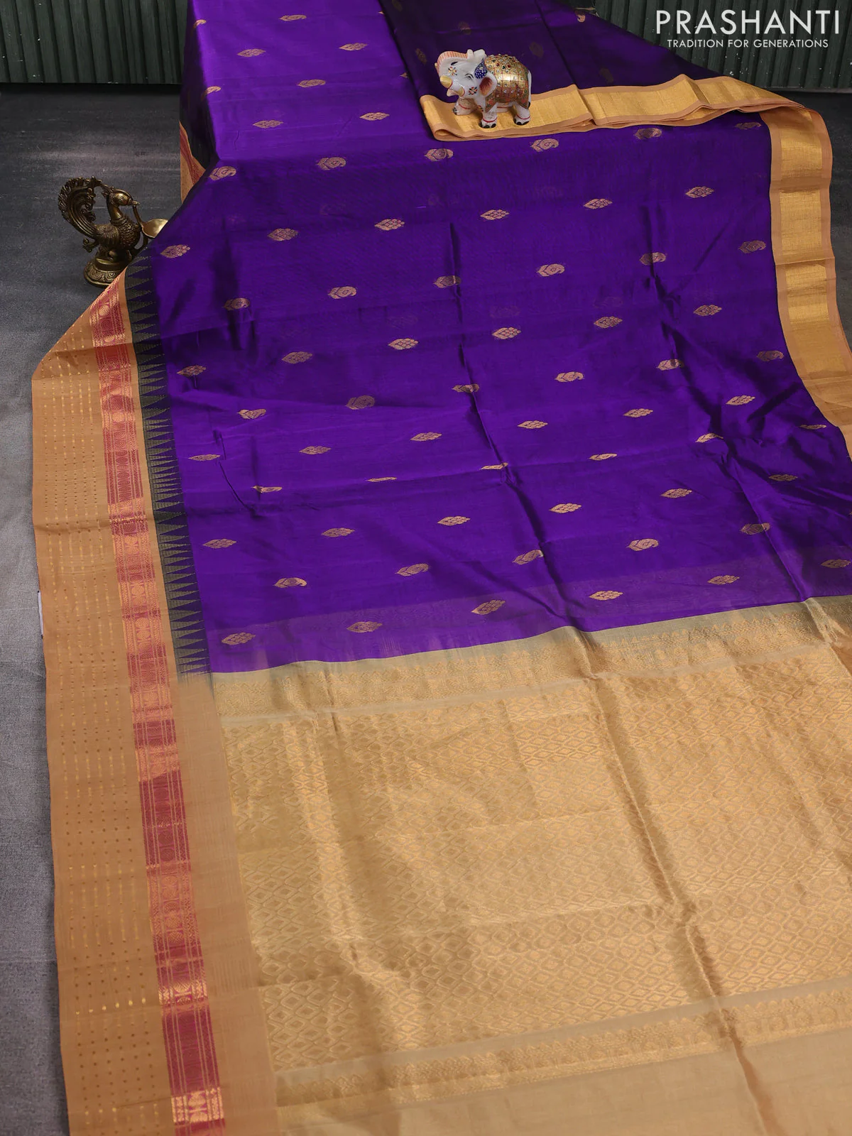 Kuppadam silk cotton saree violet and sandal with zari woven buttas and zari woven border - Image 2