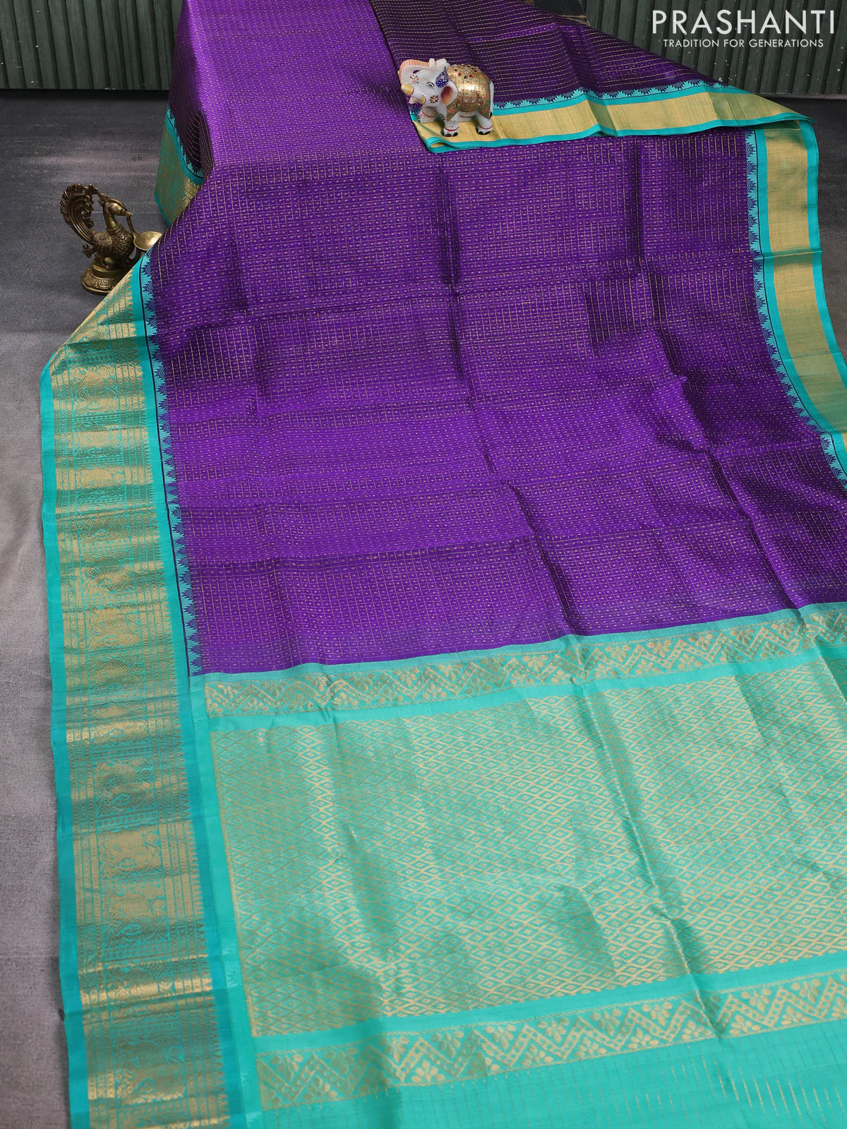 Kuppadam silk cotton saree violet and teal green with allover laksha deepam pattern and zari woven border - Image 2