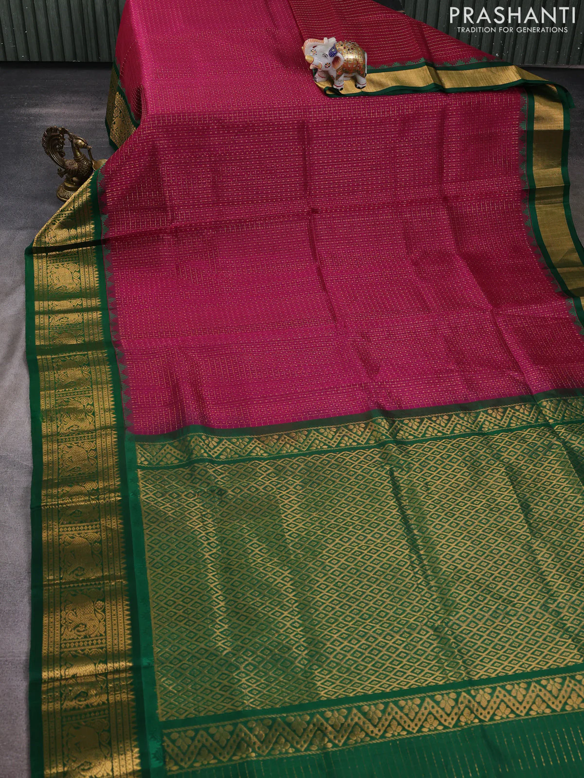 Kuppadam silk cotton saree wine shade and green with allover laksha deepam pattern and temple design elephant zari woven border - Image 2