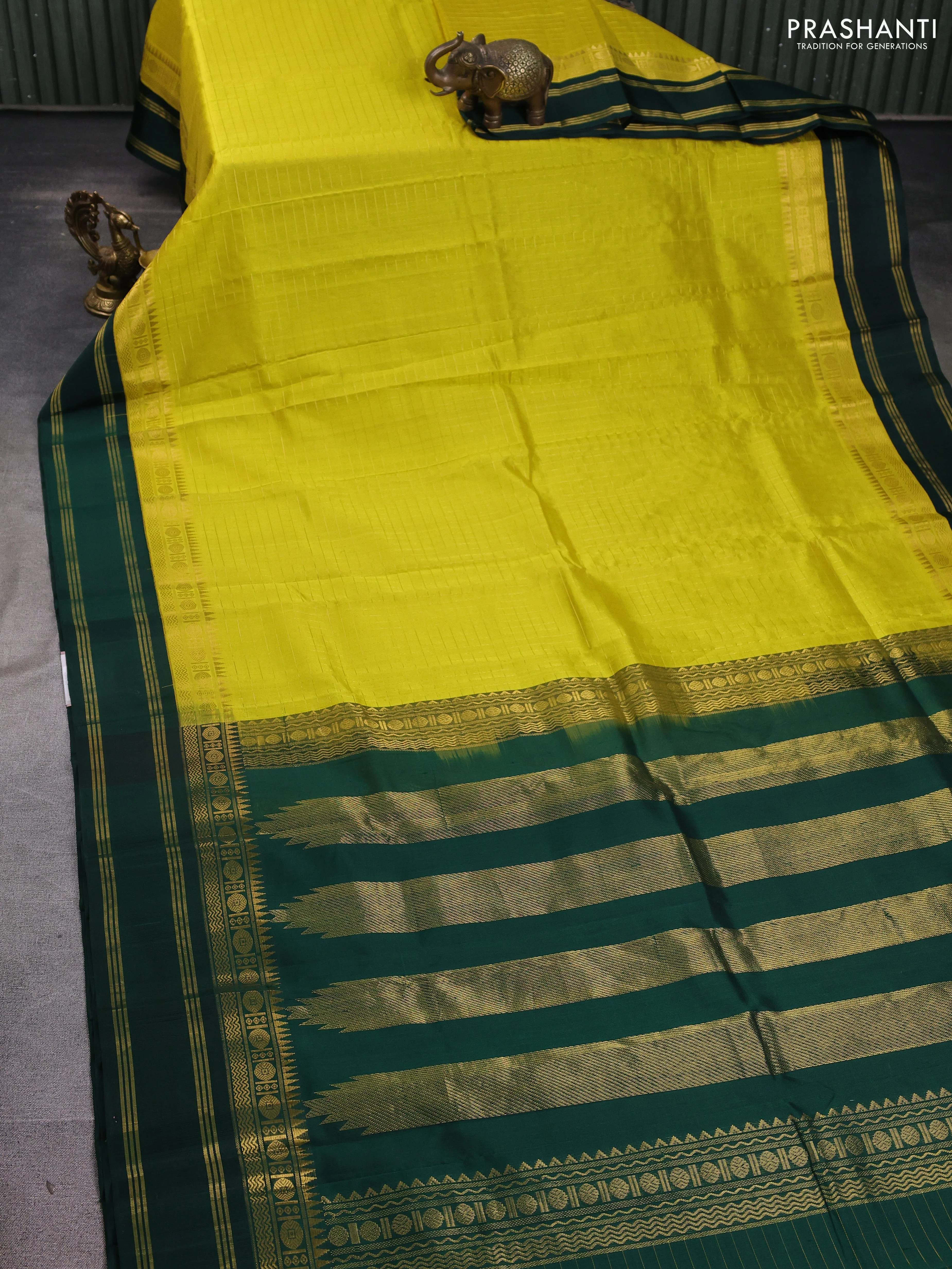 Kuppadam silk cotton saree yellow and bottle green with allover zari checked pattern and zari woven border - Image 2