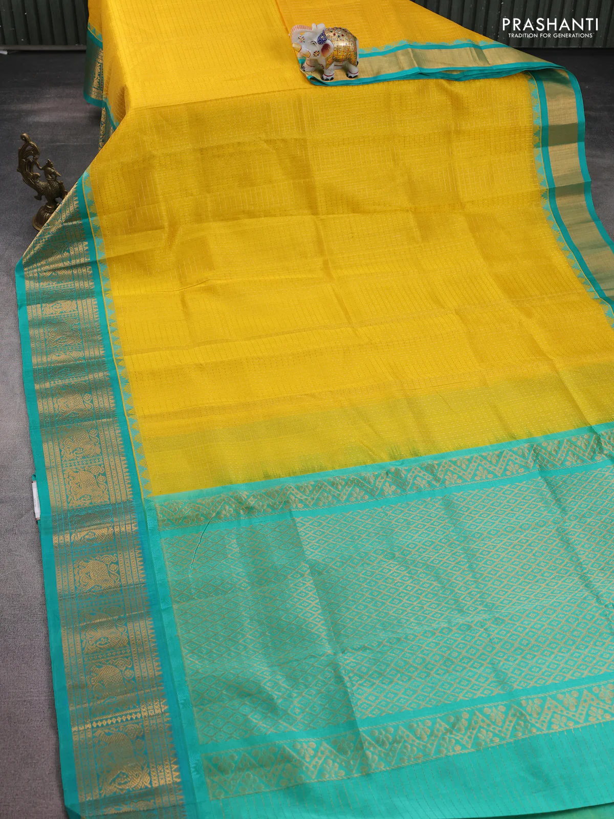 Kuppadam silk cotton saree yellow and teal green with allover lakshadeepam weaves and temple design zari woven border - Image 2