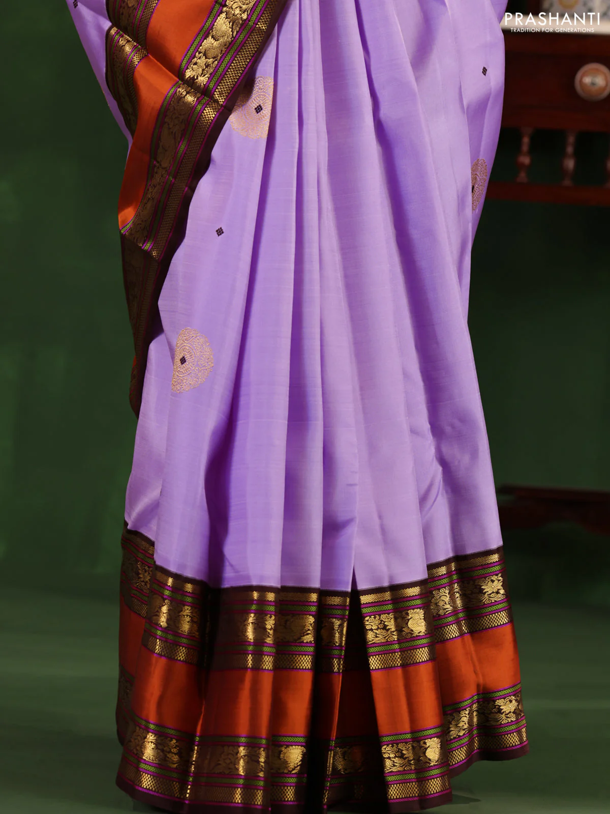 Lavender-Coffee brown Pure Kanchipuram Silk Saree With Zari woven Buttas - Image 2