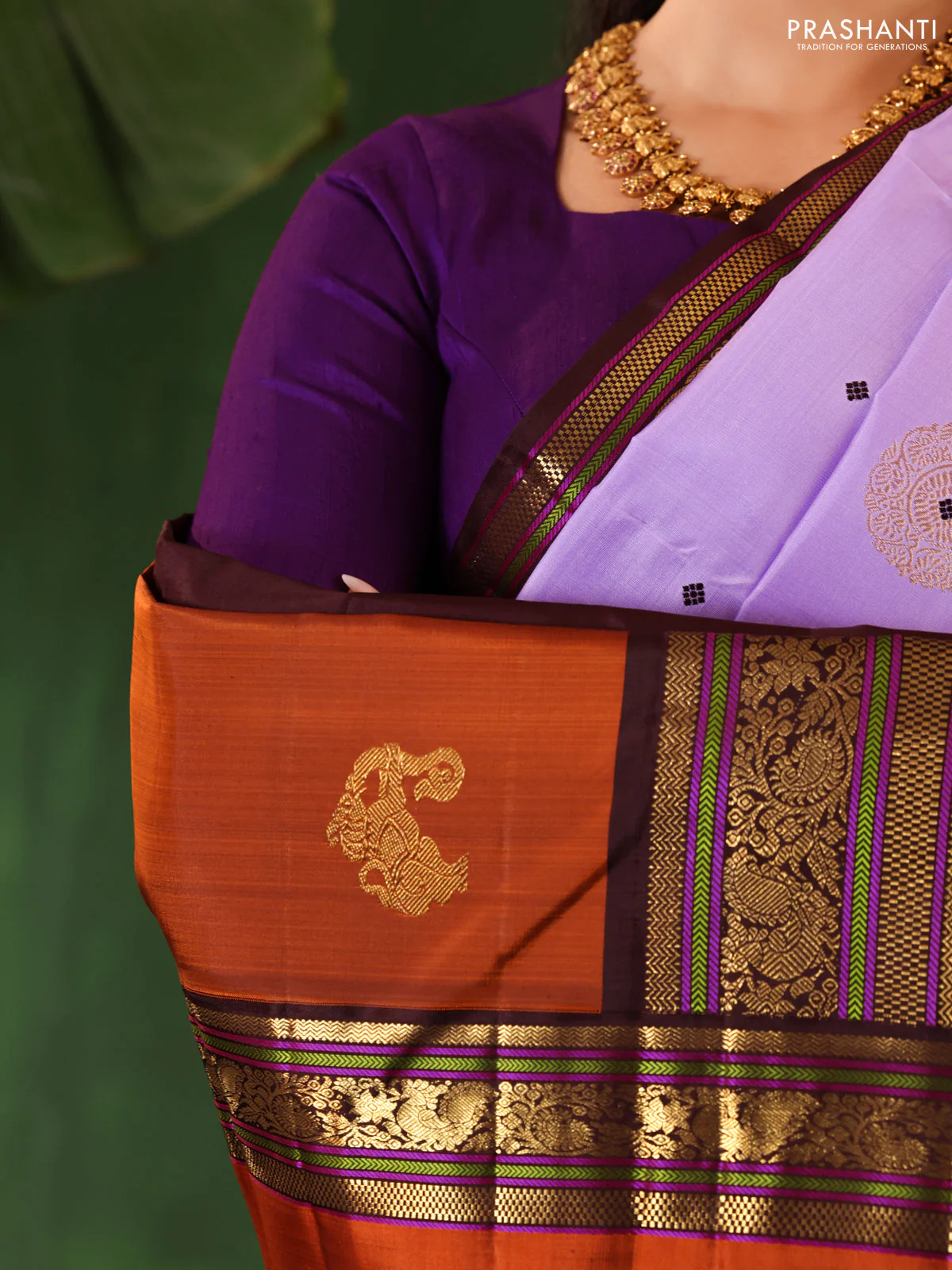 Lavender-Coffee brown Pure Kanchipuram Silk Saree With Zari woven Buttas - Image 3