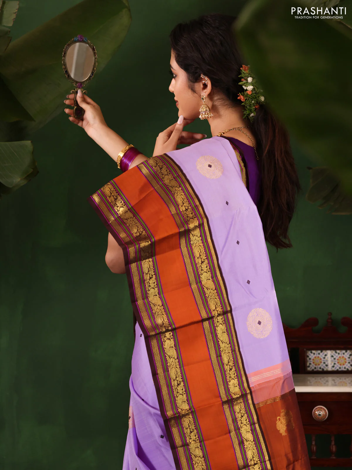 Lavender-Coffee brown Pure Kanchipuram Silk Saree With Zari woven Buttas - Image 4