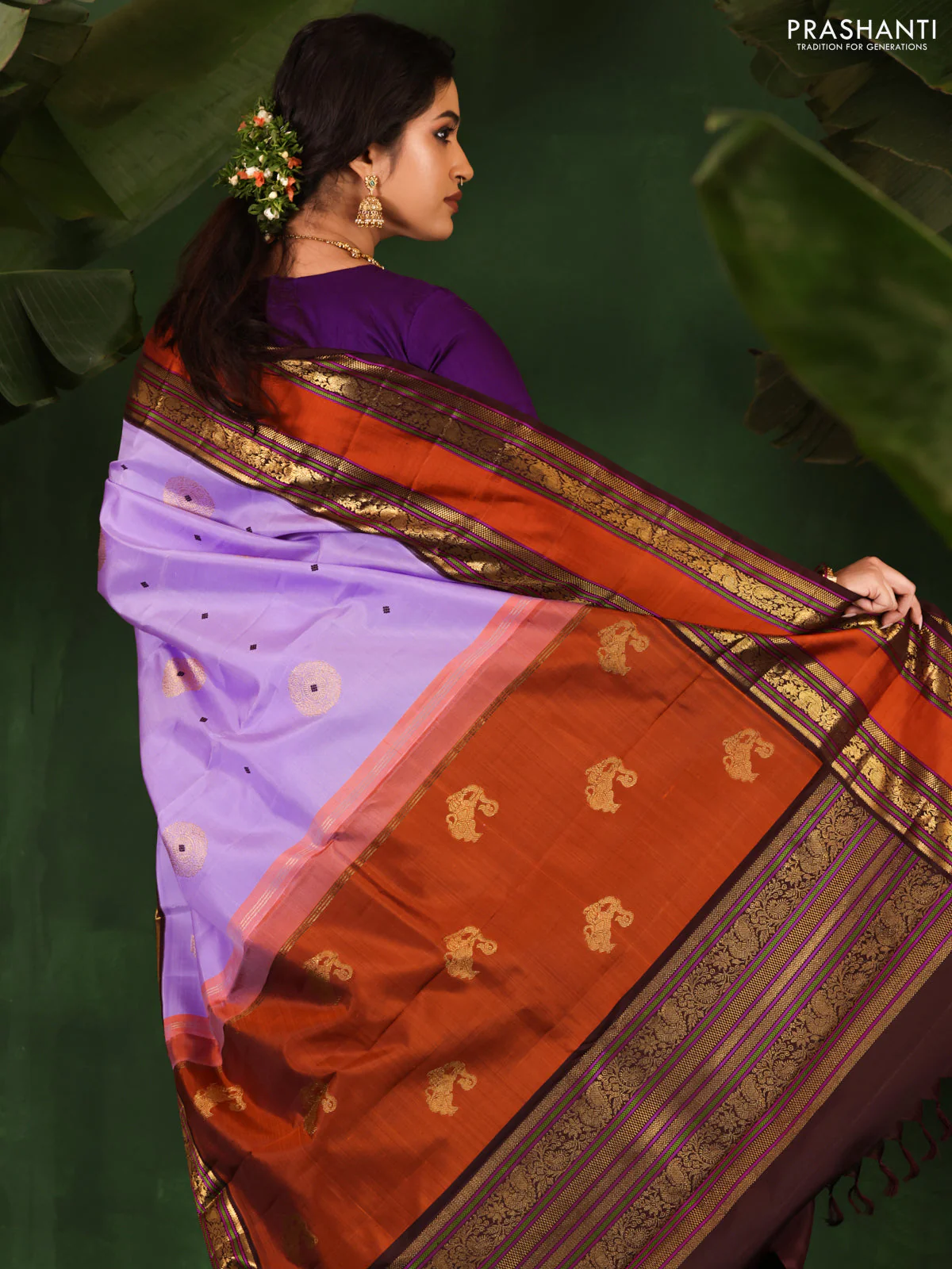 Lavender-Coffee brown Pure Kanchipuram Silk Saree With Zari woven Buttas - Image 5
