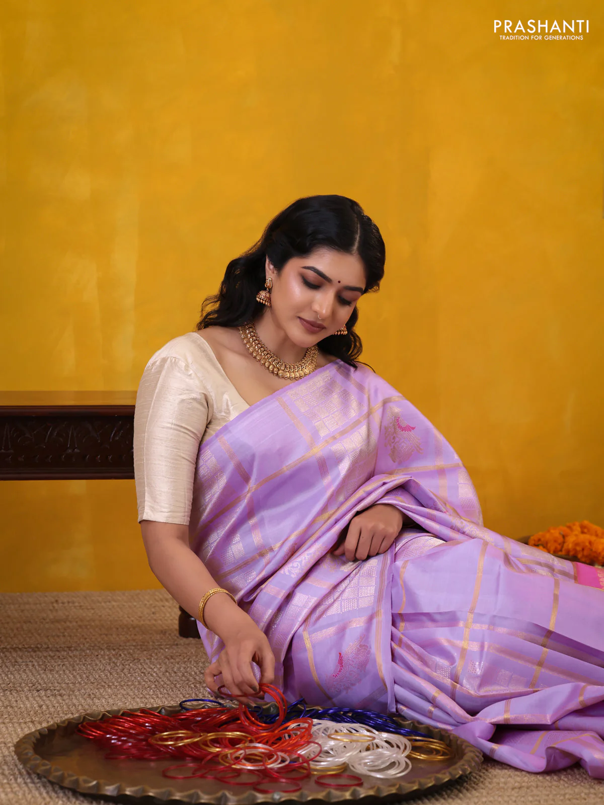Lavender-Peach Pink Pure kanchipuram silk saree With Allover zari checked pattern - Image 4