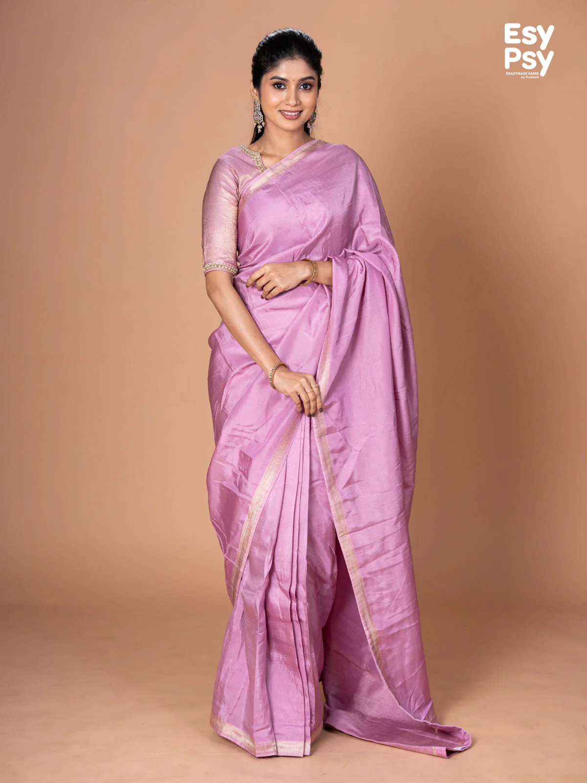 Lavender Semi Tussar readymade saree with readymade brocade blouse - Image 2