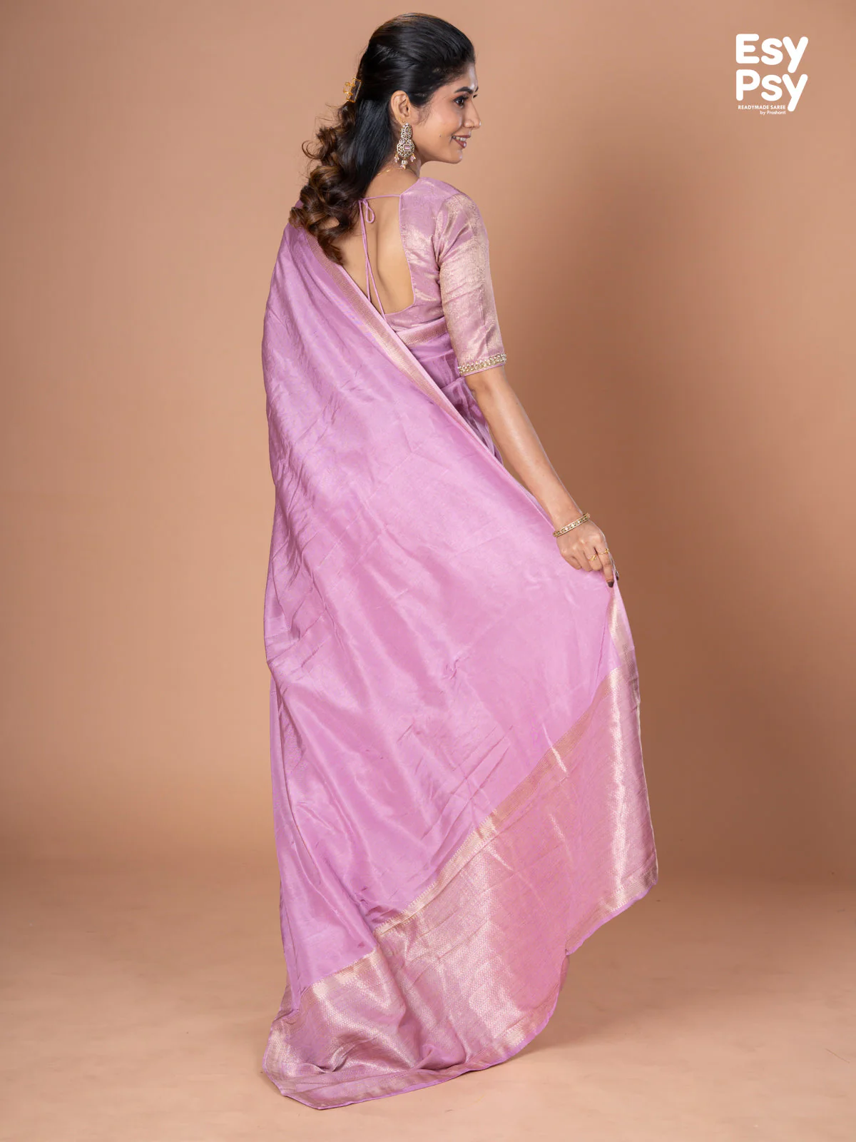 Lavender Semi Tussar readymade saree with readymade brocade blouse - Image 3