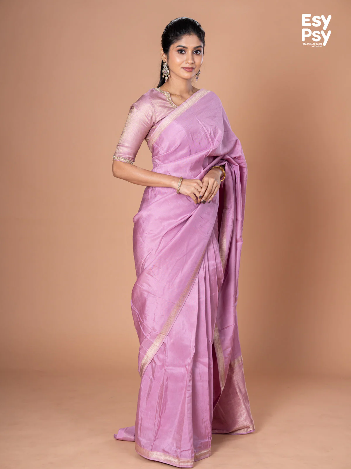 Lavender Semi Tussar readymade saree with readymade brocade blouse - Image 4