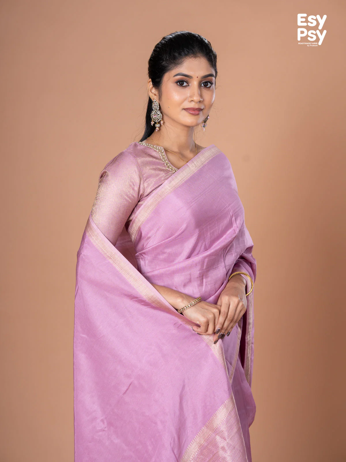 Lavender Semi Tussar readymade saree with readymade brocade blouse - Image 5