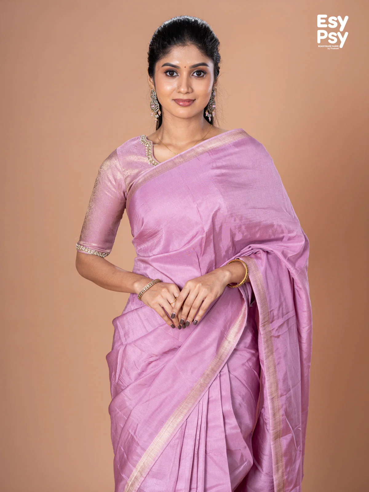 Lavender Semi Tussar readymade saree with readymade brocade blouse - Image 6