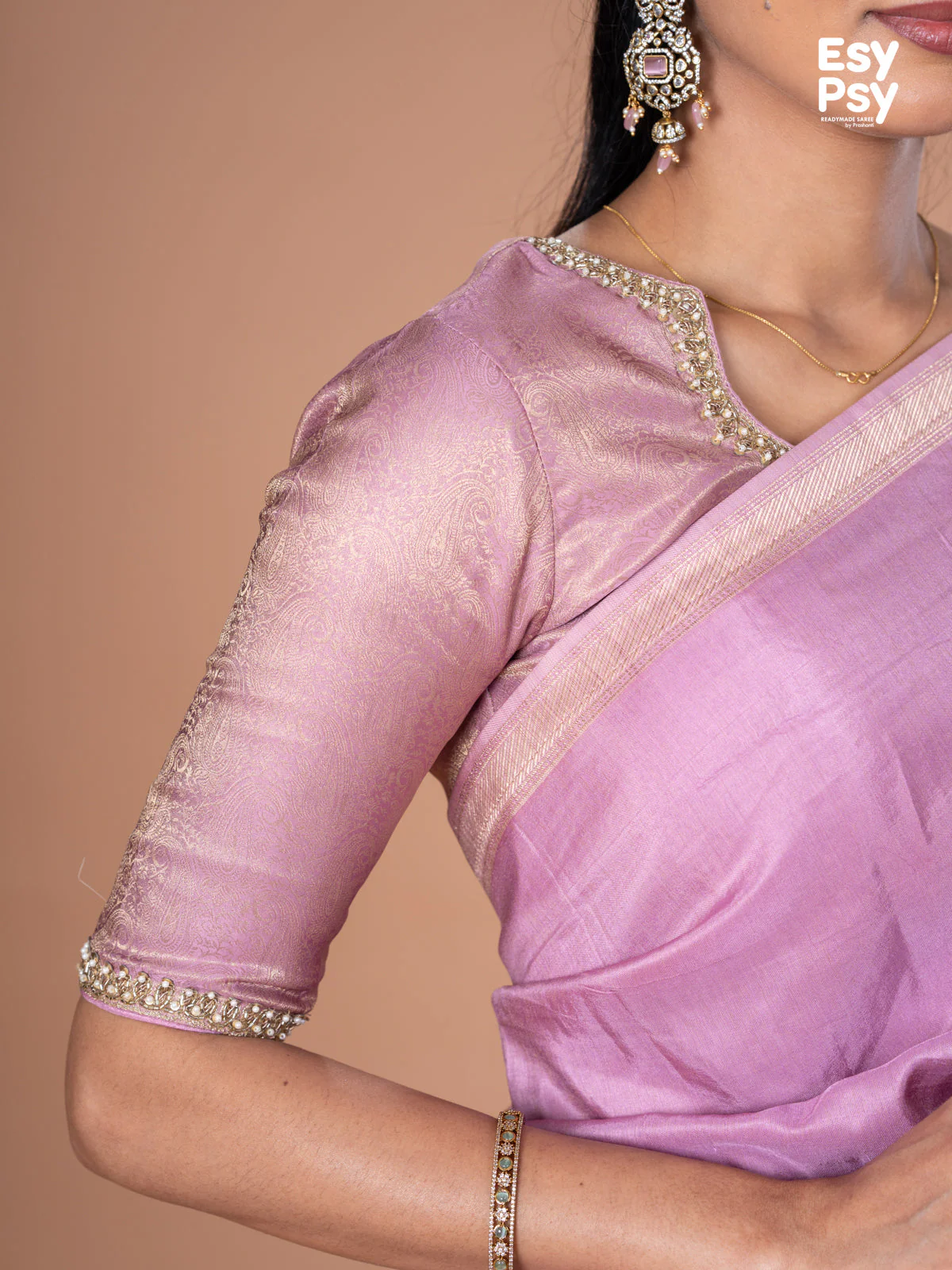 Lavender Semi Tussar readymade saree with readymade brocade blouse - Image 8