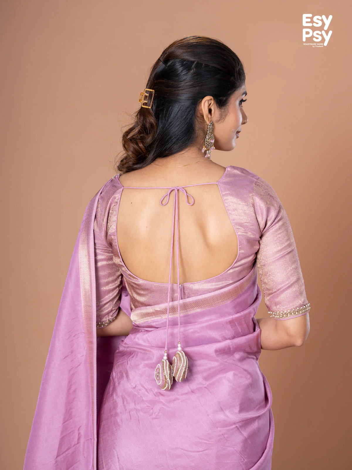 Lavender Semi Tussar readymade saree with readymade brocade blouse - Image 9