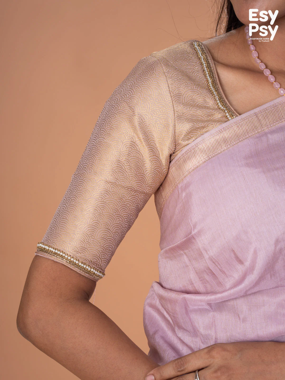 Lavender Shade Semi Tussar readymade saree with readymade brocade blouse - Image 4