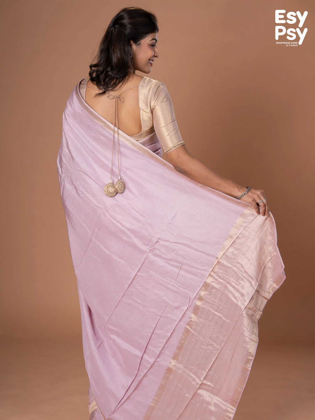 Lavender Shade Semi Tussar readymade saree with readymade brocade blouse - Image 5
