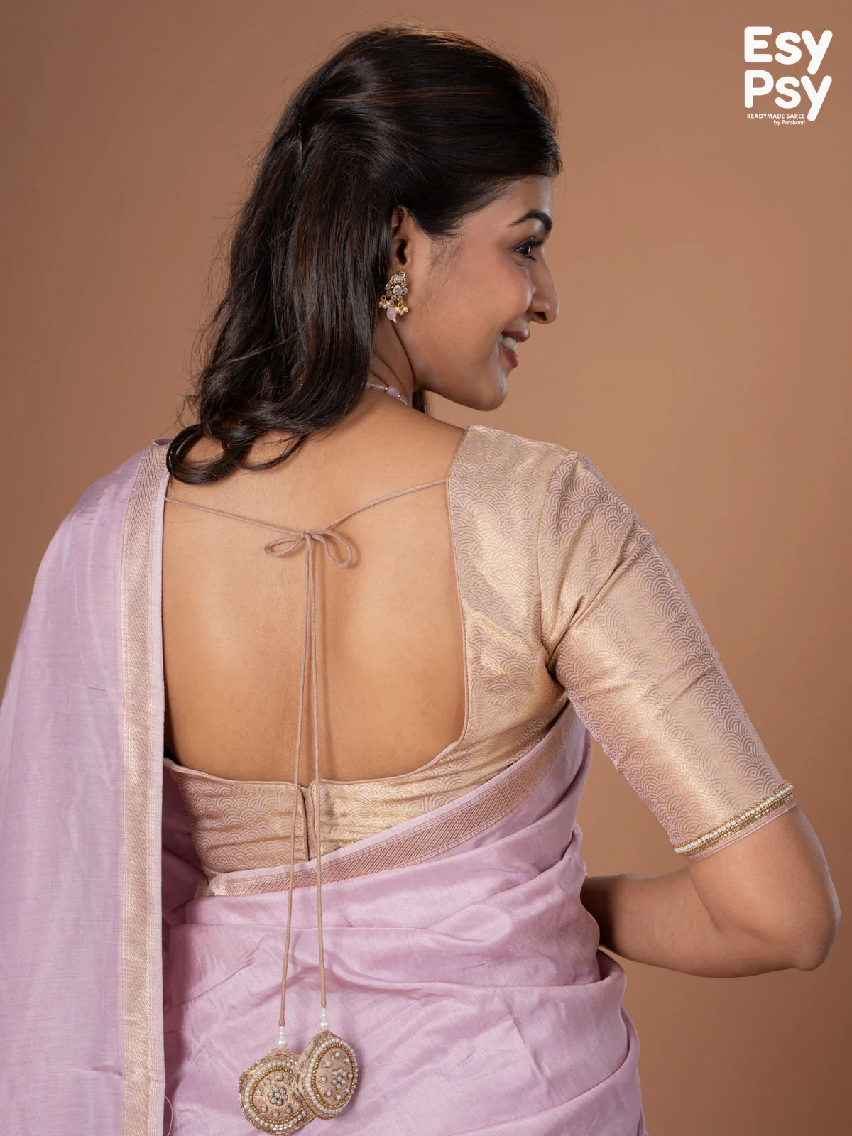 Lavender Shade Semi Tussar readymade saree with readymade brocade blouse - Image 6