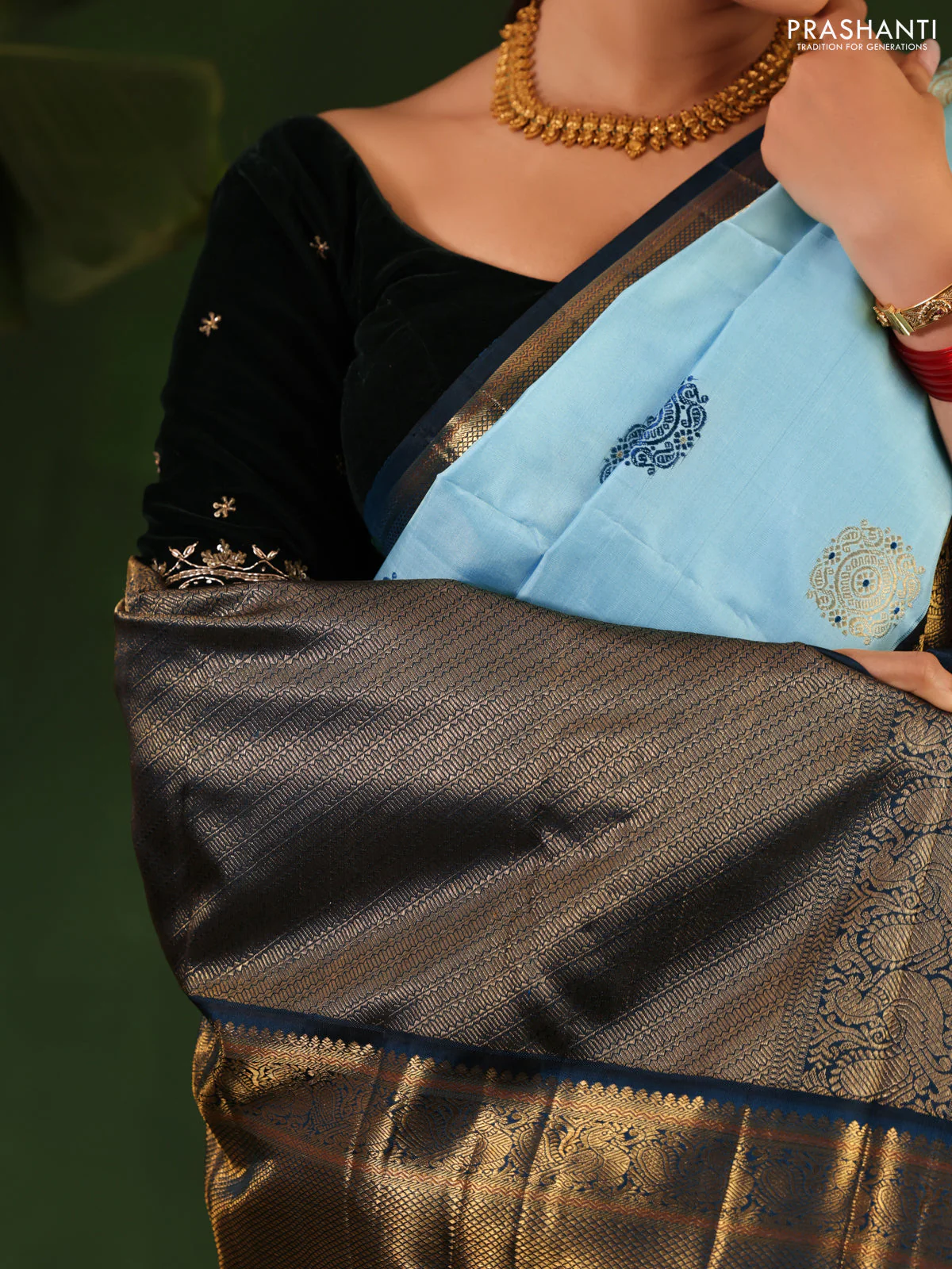 Light Blue-Peacock Blue Pure Kanchipuram Silk Saree With thread & zari woven buttas - Image 2