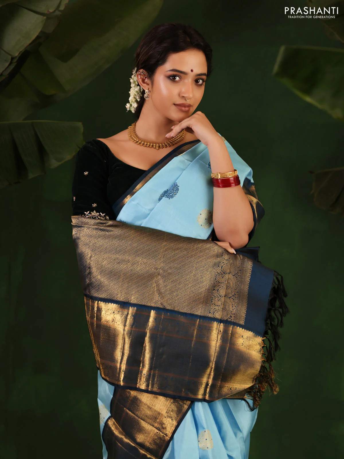 Light Blue-Peacock Blue Pure Kanchipuram Silk Saree With thread & zari woven buttas - Image 4