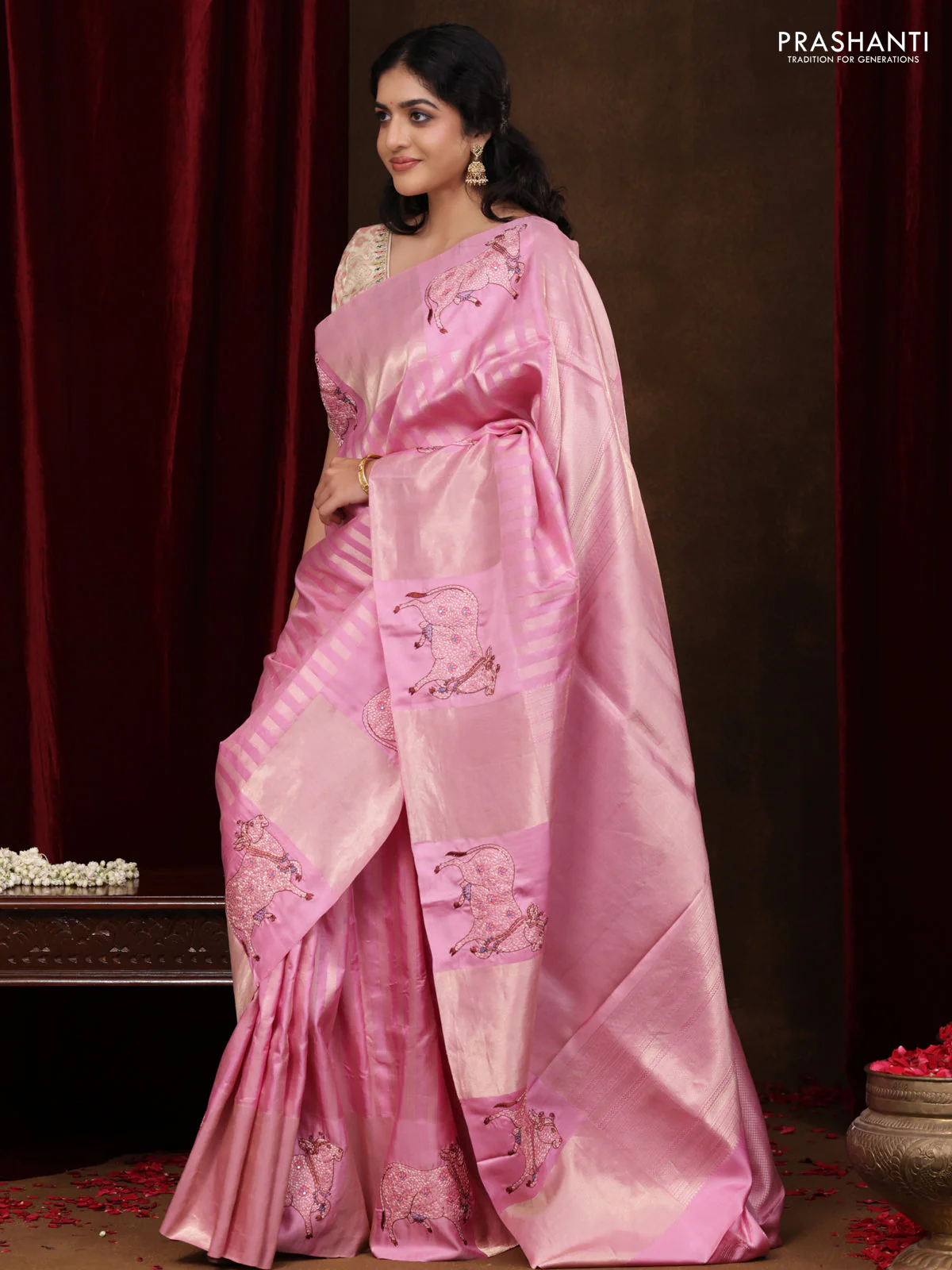 Light PInk Pure Kanchipuram Silk Saree With Zari Stripes & Border Embroidery - Image 2