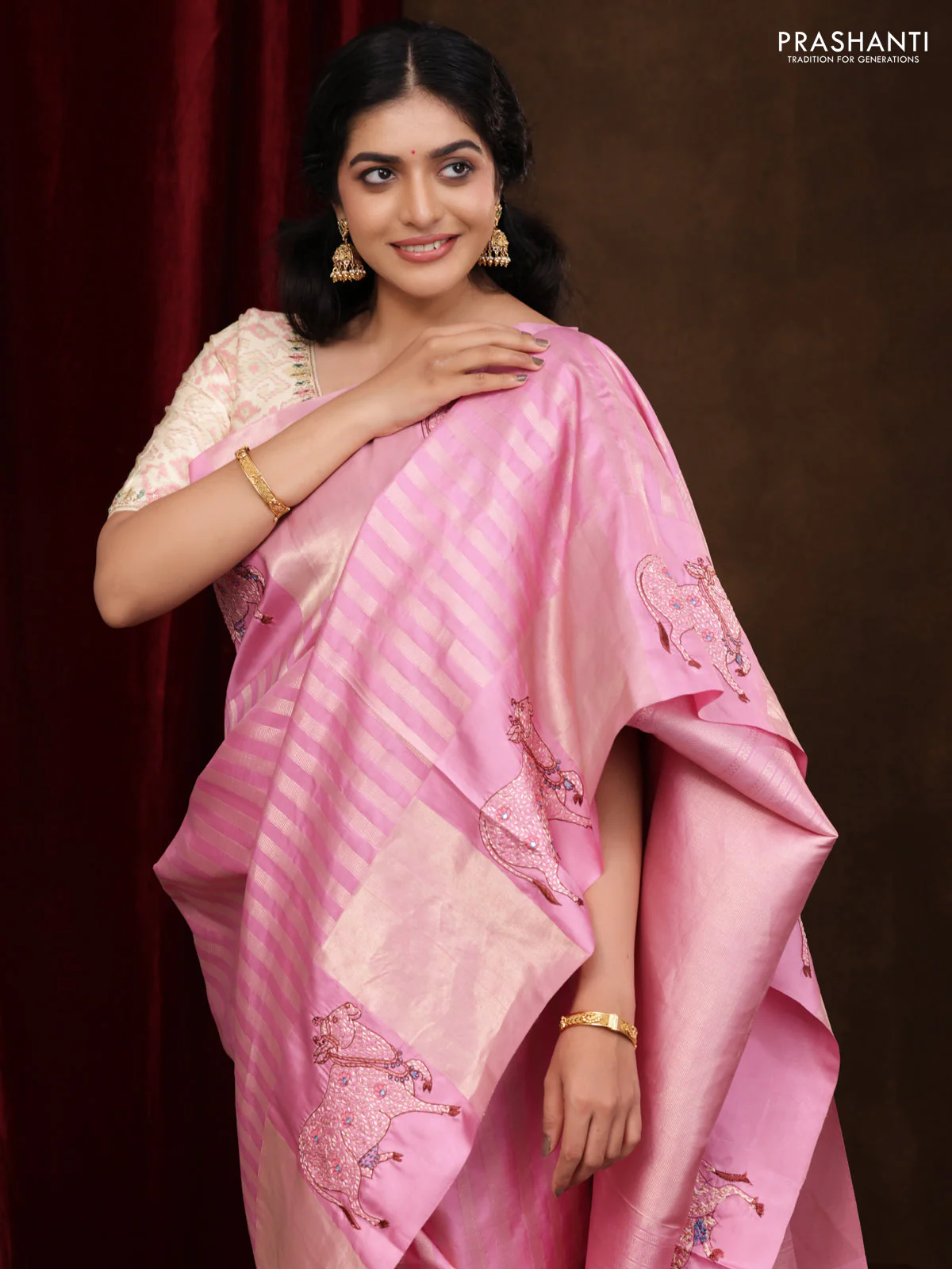 Light PInk Pure Kanchipuram Silk Saree With Zari Stripes & Border Embroidery - Image 5