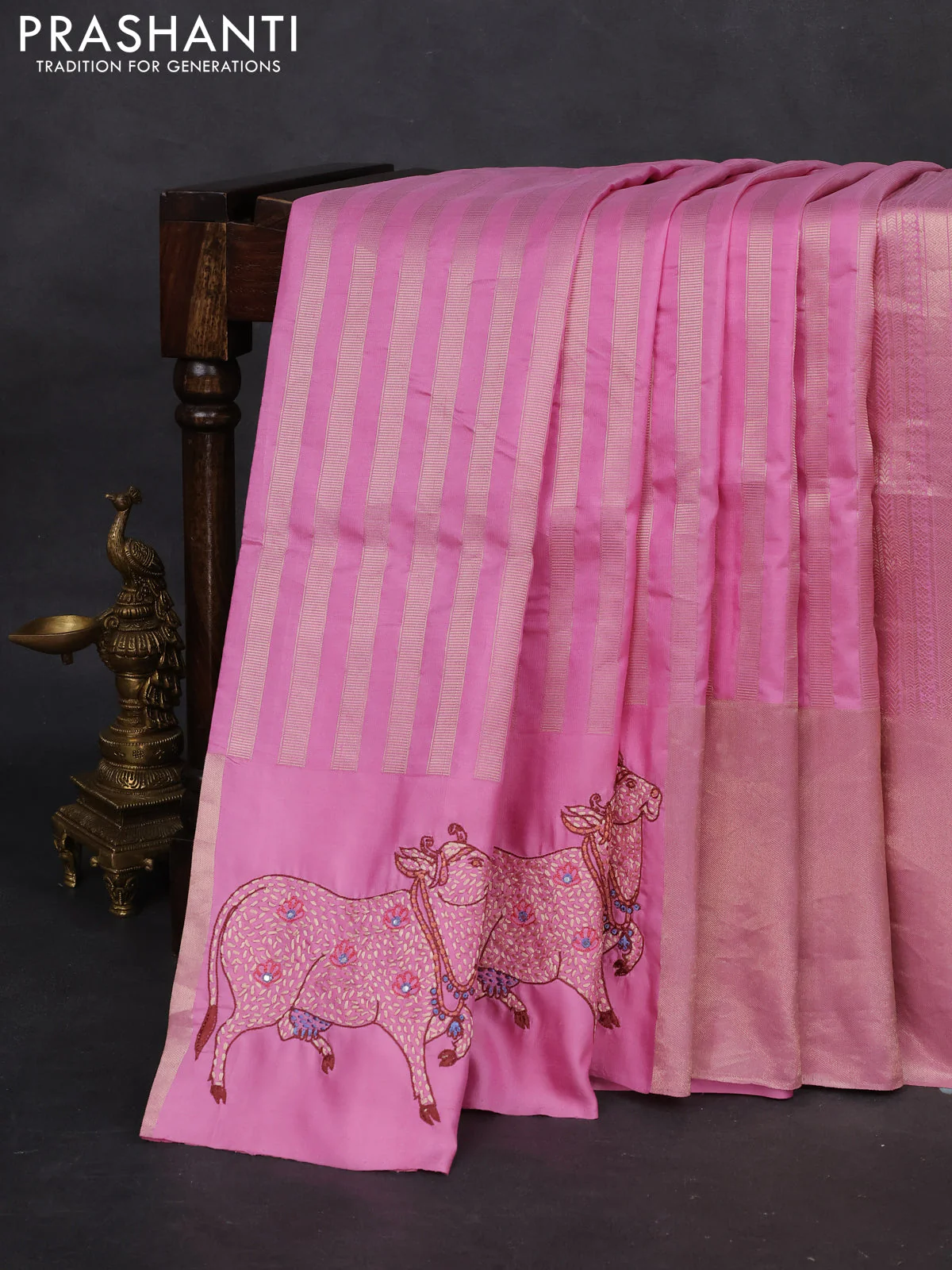 Light PInk Pure Kanchipuram Silk Saree With Zari Stripes & Border Embroidery - Image 6