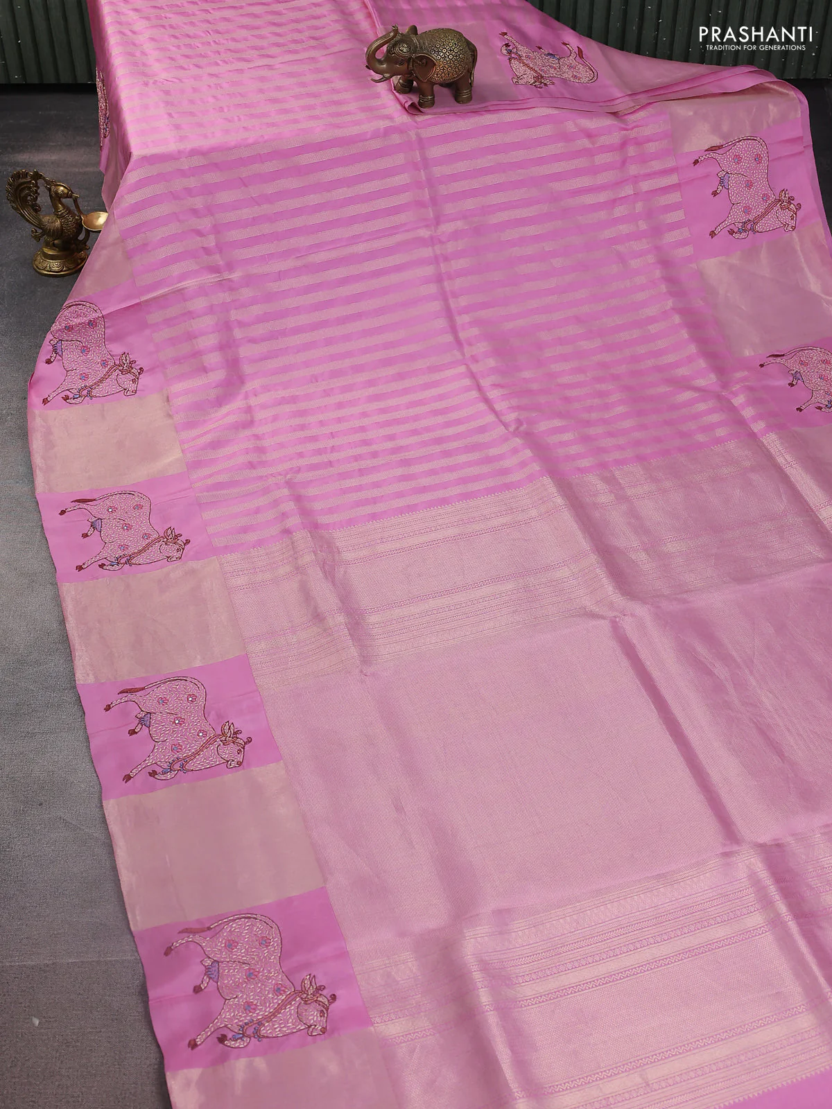 Light PInk Pure Kanchipuram Silk Saree With Zari Stripes & Border Embroidery - Image 7
